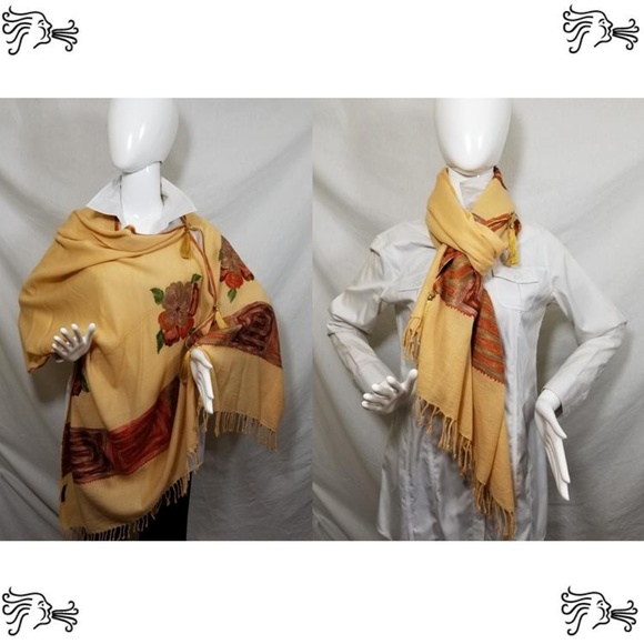Camel Embroidered Kashmir 100% Wool Scarf Poncho